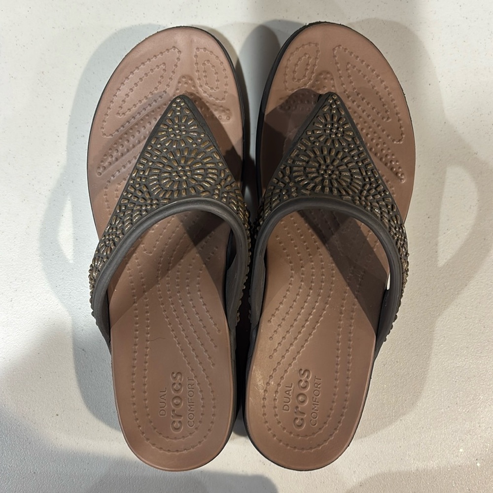 Crocs Wedge Sandals Diamante Gold Brown Size 10